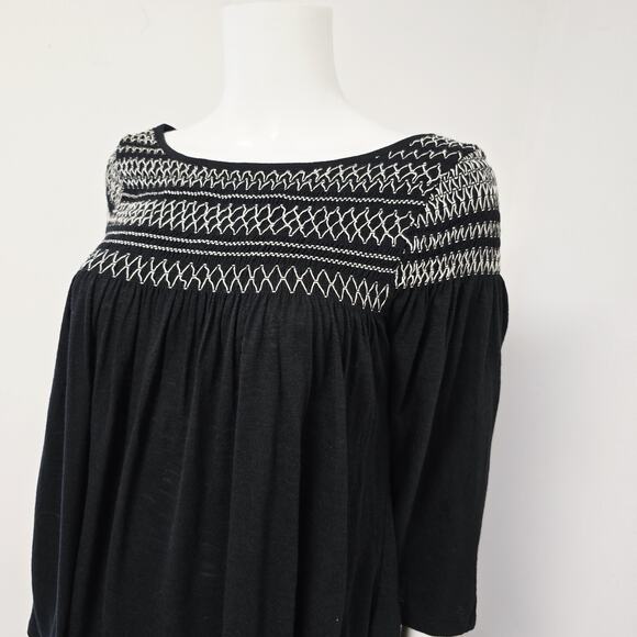 Gap Top Size S Smocked Bell 3/4 Sleeve Flowy Black Womens Preppy Wide Neck - Picture 2 of 8